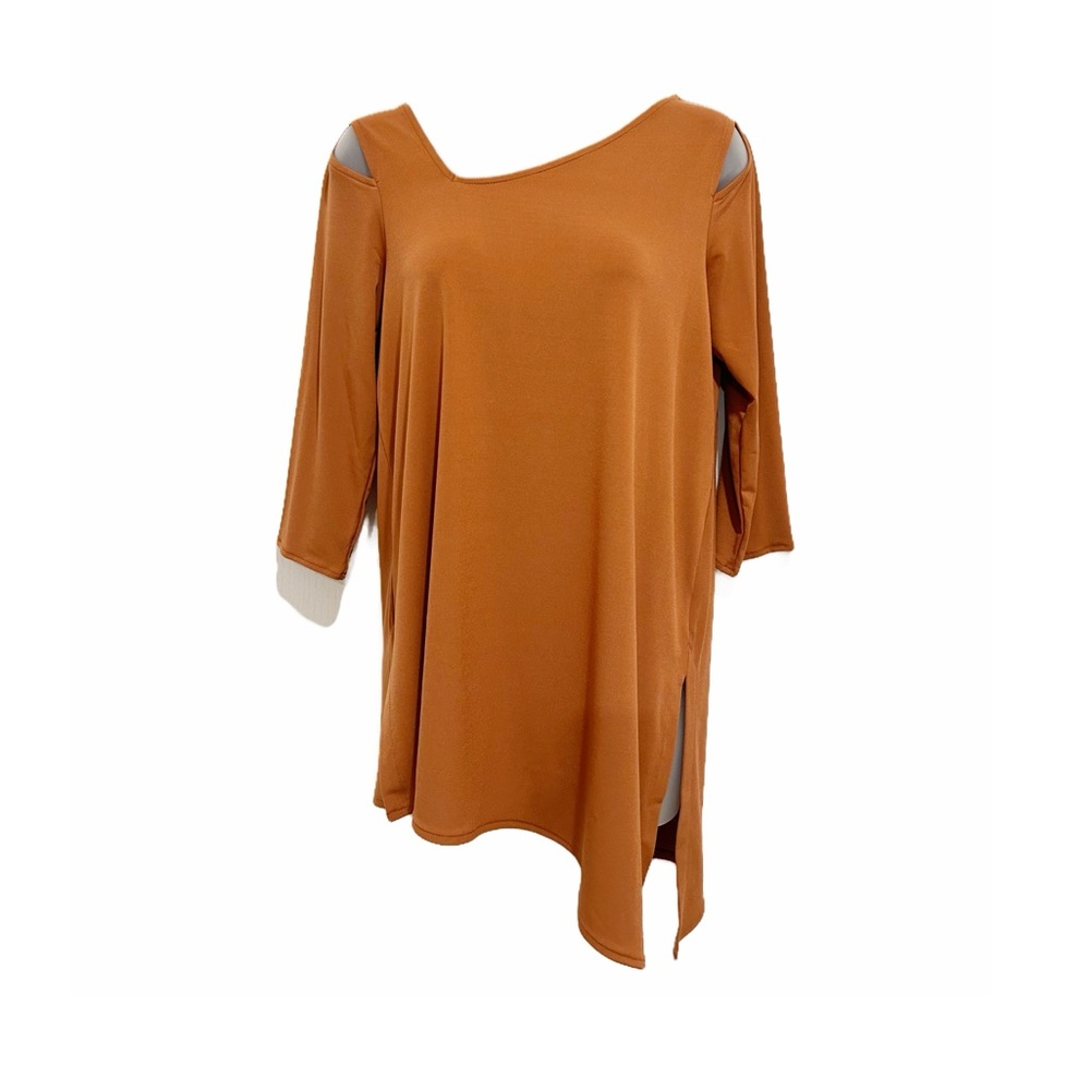 Alfani NWT  asymmetrical neckline cut out shoulder tunic. Tan/camel color. S